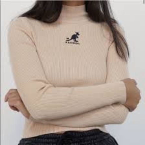 Kangol x H&M Sweater Crop Rib Knit Mock Turtle Neck Womens Beige - Picture 13 of 15